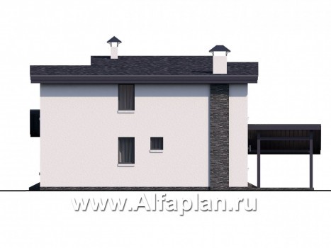 Проекты домов Альфаплан - "Модена" - проект двухэтажного дома из газобетона, с террасой, навес на 2 авто, в стиле минимализм - превью фасада №3