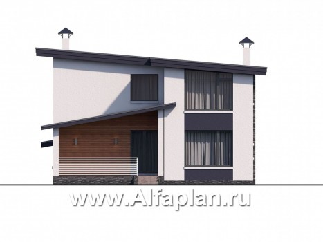 Проекты домов Альфаплан - "Модена" - проект двухэтажного дома из газобетона, с террасой, навес на 2 авто, в стиле минимализм - превью фасада №4