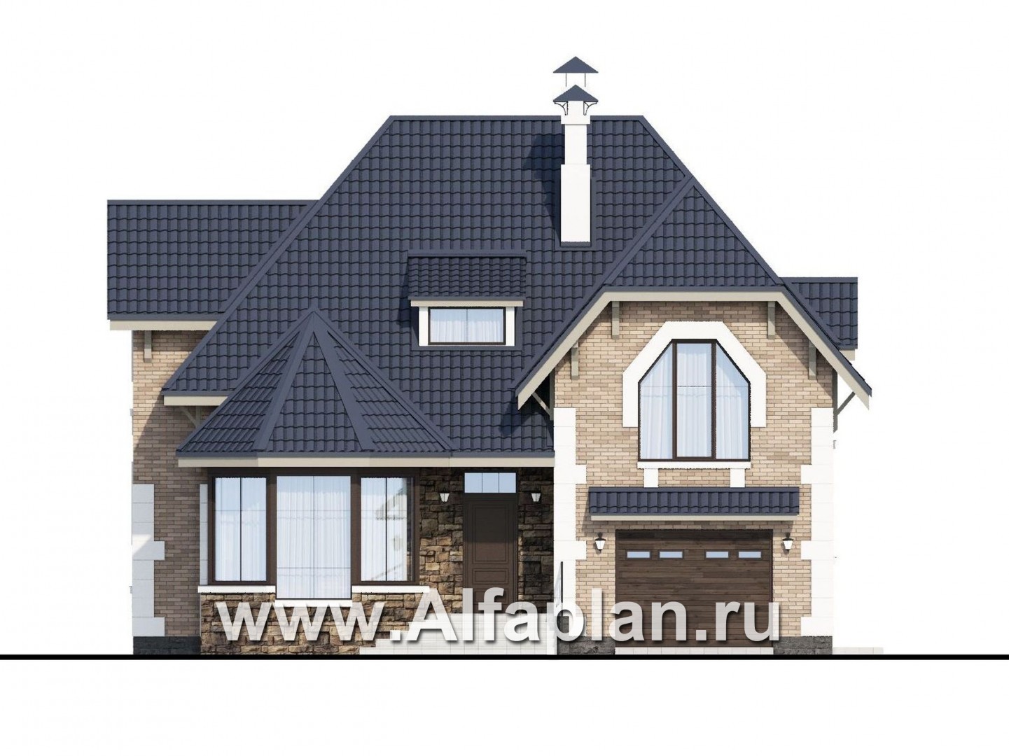 Проекты домов Альфаплан - «Корона» - коттедж с гаражом и красивым эркером - изображение фасада №1