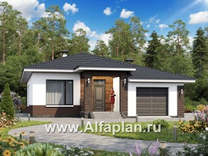 Проекты домов Альфаплан - «Каллиопа» - одноэтажный дом с террасой и гаражом (две спальни) - превью основного изображения