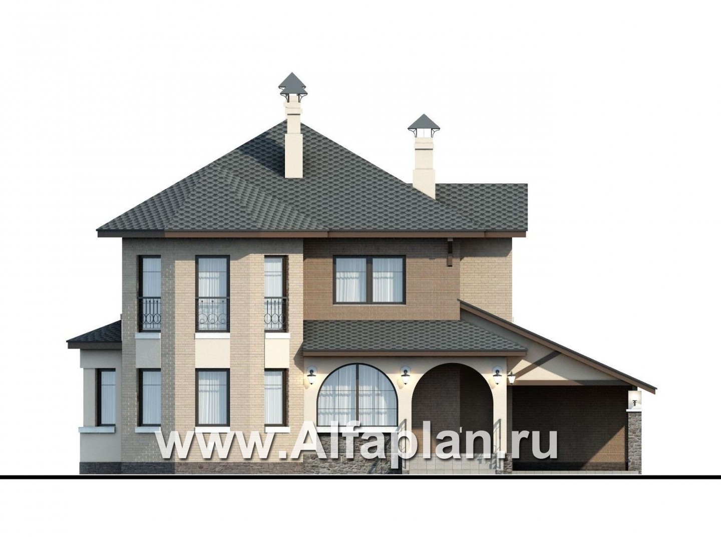 Проекты домов Альфаплан - «Эллада» - компактный особняк с гаражом-навесом - изображение фасада №1