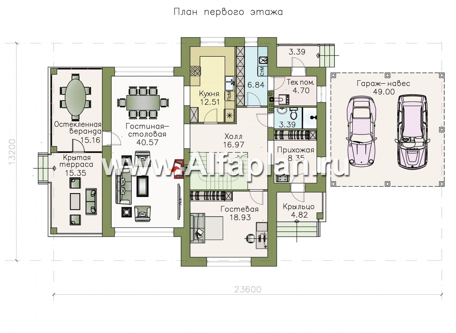 Проекты домов Альфаплан - «Патриций» - коттедж с большой верандой и террасой - план проекта №1