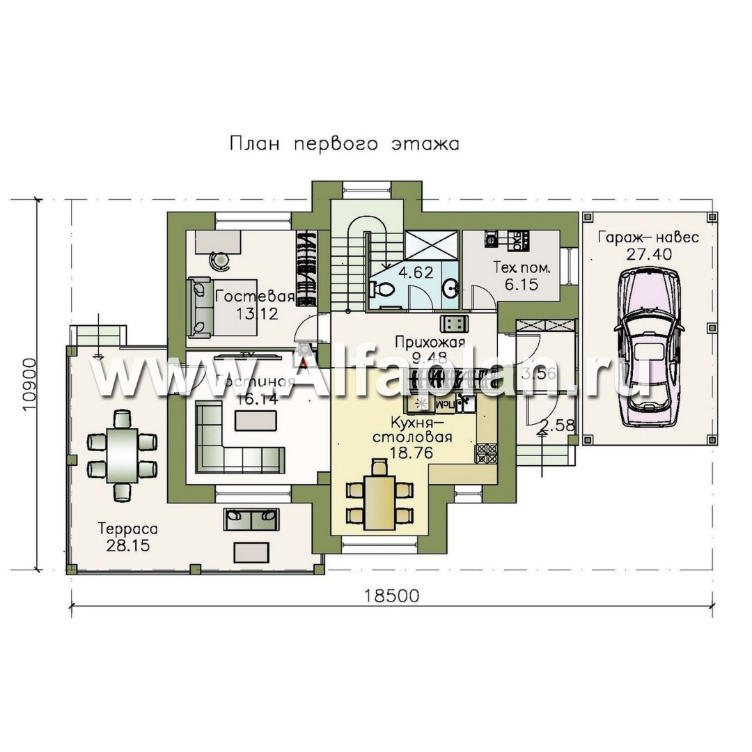 Проекты домов Альфаплан - 792В - «Стимул» - проект стильного двухэтажного дома с гаражом-навесом - изображение плана проекта №1