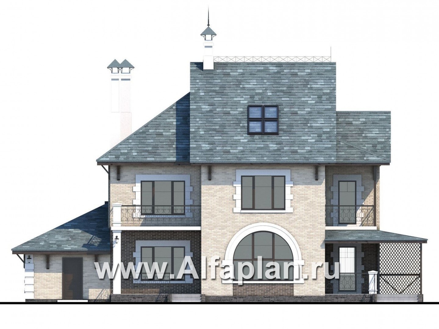 Проекты домов Альфаплан - «Северная регата» - коттедж с большой террасой, гаражом и кинозалом. - изображение фасада №4
