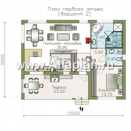 Проекты домов Альфаплан - «Бета» - стильный каркасный коттедж с террасой - превью плана проекта №2