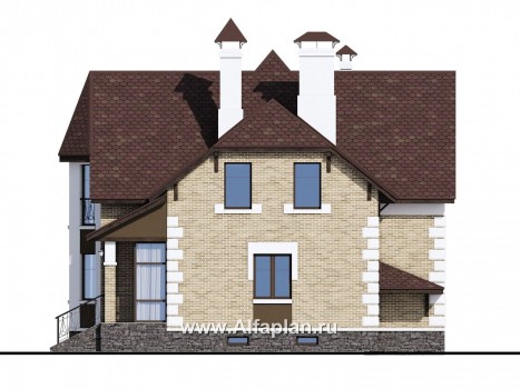 Проекты домов Альфаплан - «Клио Плюс» - коттедж с  цокольным этажом и угловой террасой - превью фасада №2