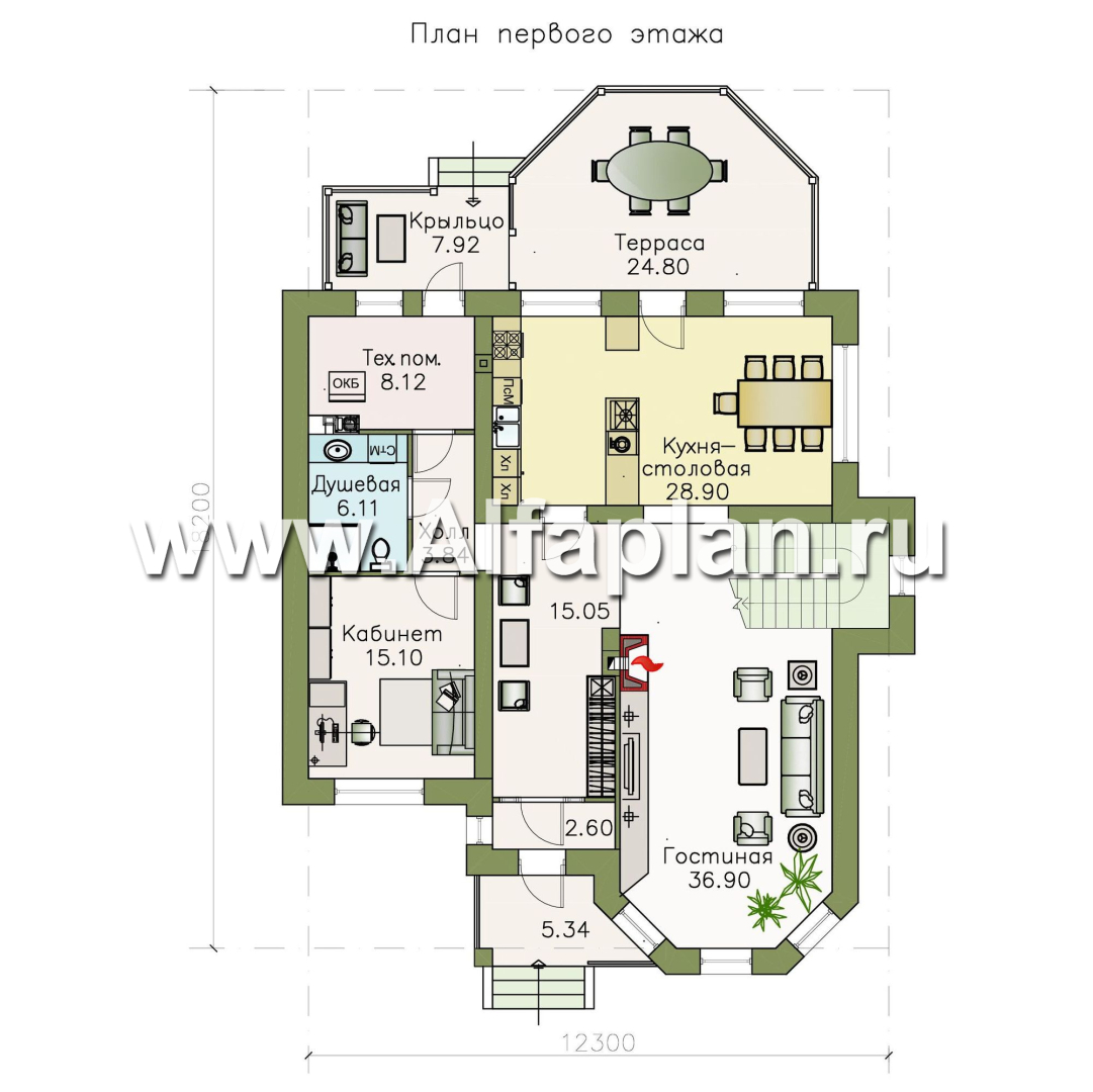 Проекты домов Альфаплан - «Clever» - классический коттедж с красивым эркером и террасой - план проекта №1