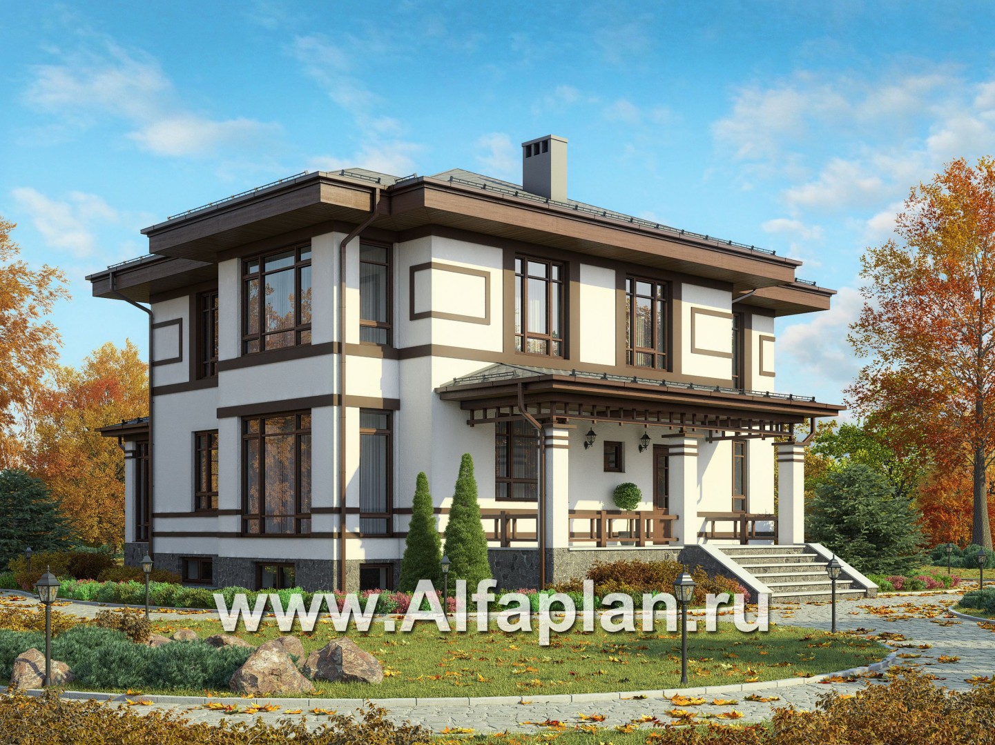 Проекты домов Альфаплан - Двухэтажный особняк с цокольным этажом - основное изображение