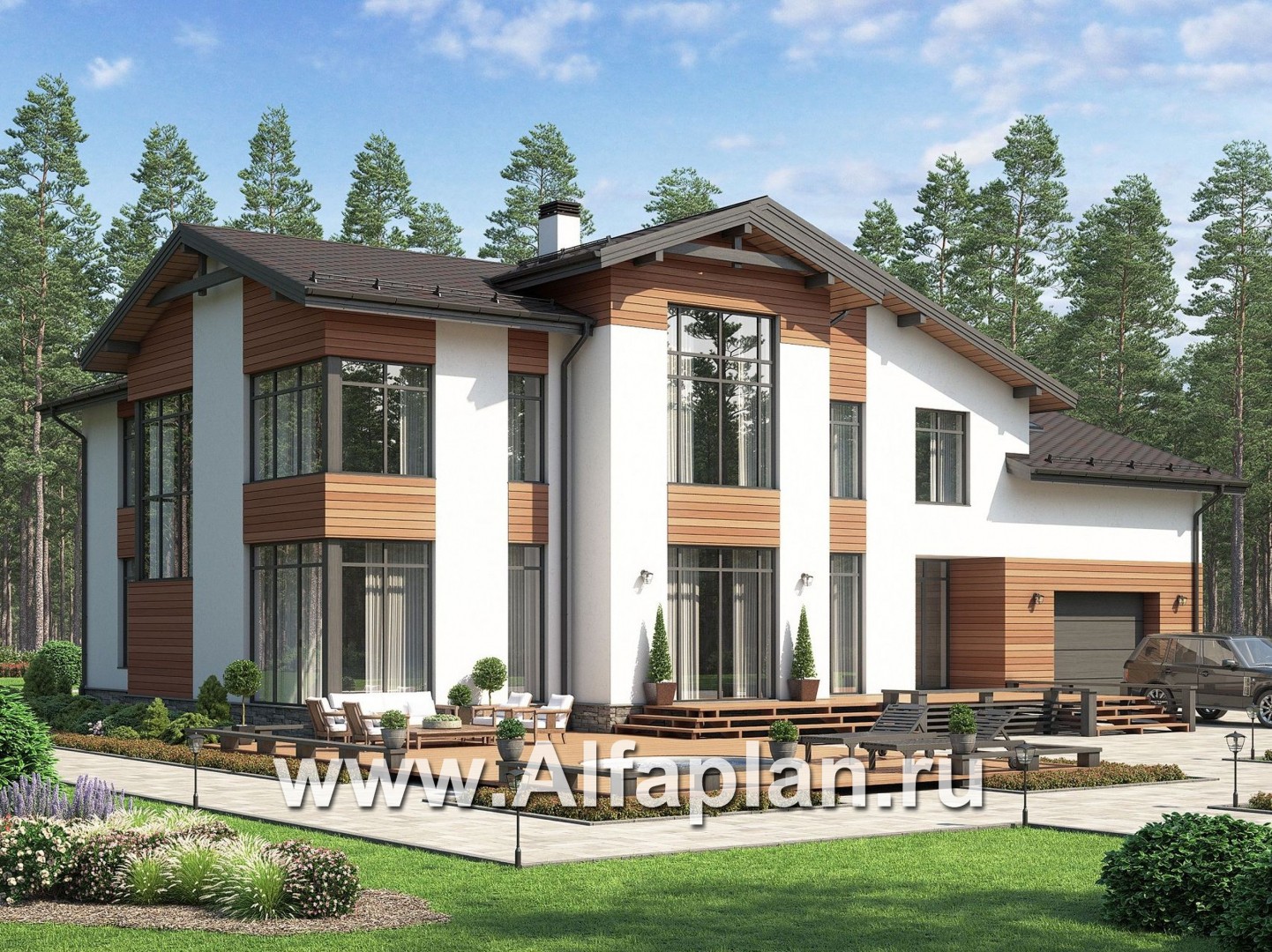 Проекты домов Альфаплан - Современный особняк с гаражом и большой террасой - основное изображение