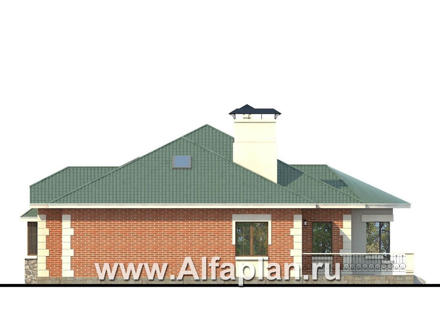 Проекты домов Альфаплан - «Линия судьбы» - одноэтажный дом из кирпича с бильярдной в мансарде - изображение фасада №2