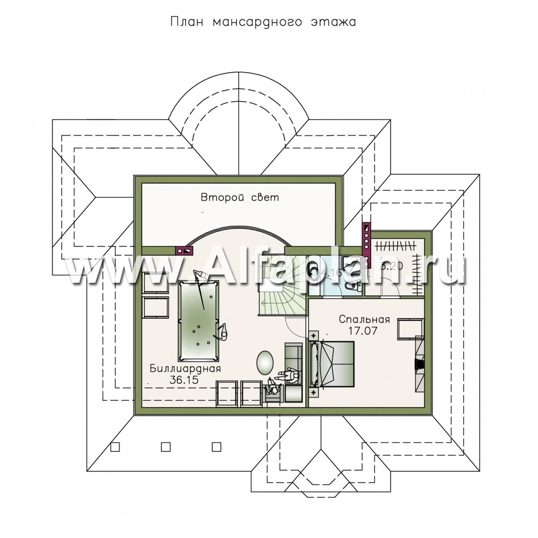 Проекты домов Альфаплан - «Линия судьбы» - одноэтажный дом из кирпича с бильярдной в мансарде - изображение плана проекта №3