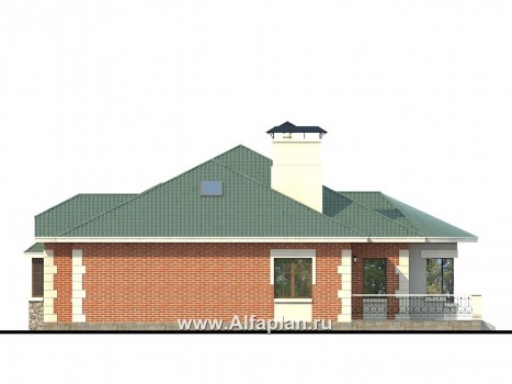 Проекты домов Альфаплан - «Линия судьбы» - одноэтажный дом из кирпича с бильярдной в мансарде - превью фасада №2