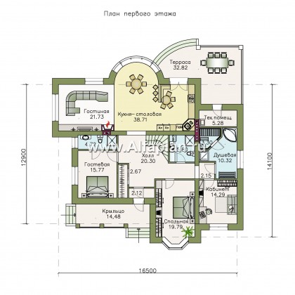 Проекты домов Альфаплан - «Линия судьбы» - одноэтажный дом из кирпича с бильярдной в мансарде - превью плана проекта №1
