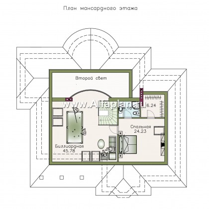 Проекты домов Альфаплан - «Линия судьбы» - одноэтажный дом из кирпича с бильярдной в мансарде - превью плана проекта №2