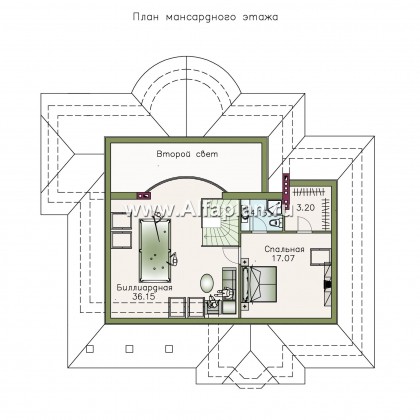Проекты домов Альфаплан - «Линия судьбы» - одноэтажный дом из кирпича с бильярдной в мансарде - превью плана проекта №3