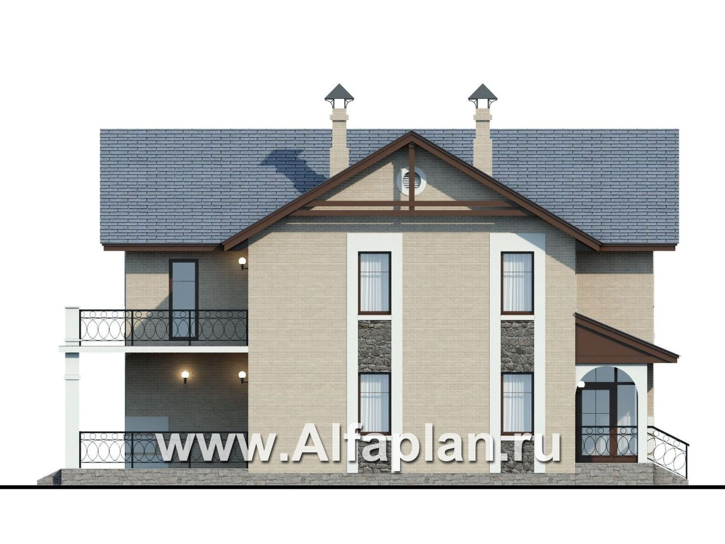 «Монрепо» - проект двухэтажного дома с фото, планировка со вторым светом столовой, для узкого участка - фасад дома