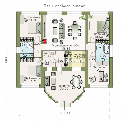 Проекты домов Альфаплан - «Леда» - одноэтажный дом с четырьмя комнатами и большой террасой - превью плана проекта №1