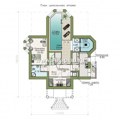 Проекты домов Альфаплан - «Головин плюс» - аристократический коттедж с бассейном в цоколе - превью плана проекта №1