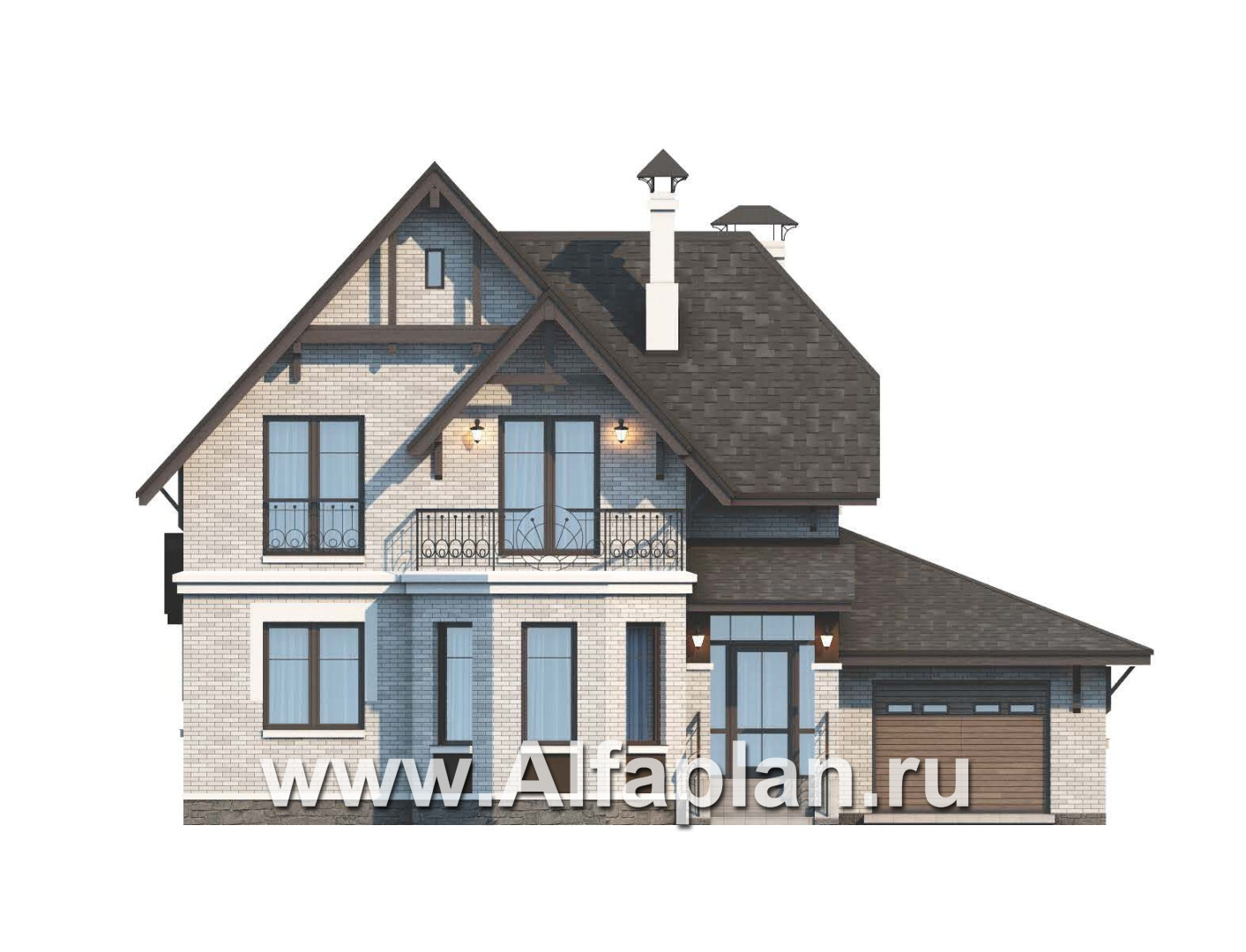 Проект двухэтажного дома из газобетона «Шевалье» с террасой, с гаражом и с эркером - фасад дома