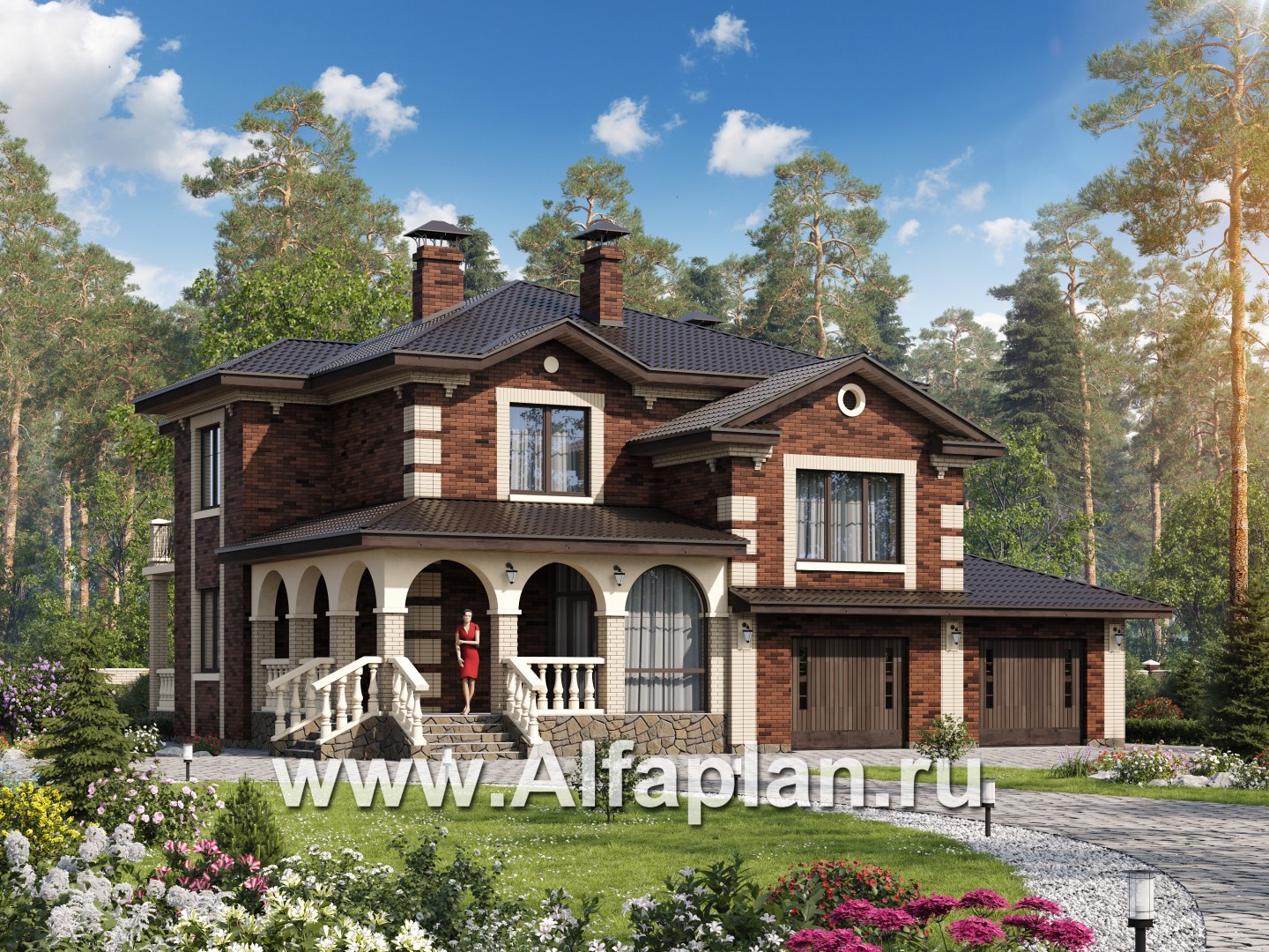 Проекты домов Альфаплан - «Эсперанса» - проект дома из кирпича, с гаражом на 2 авто, с комфортной планировкой - основное изображение