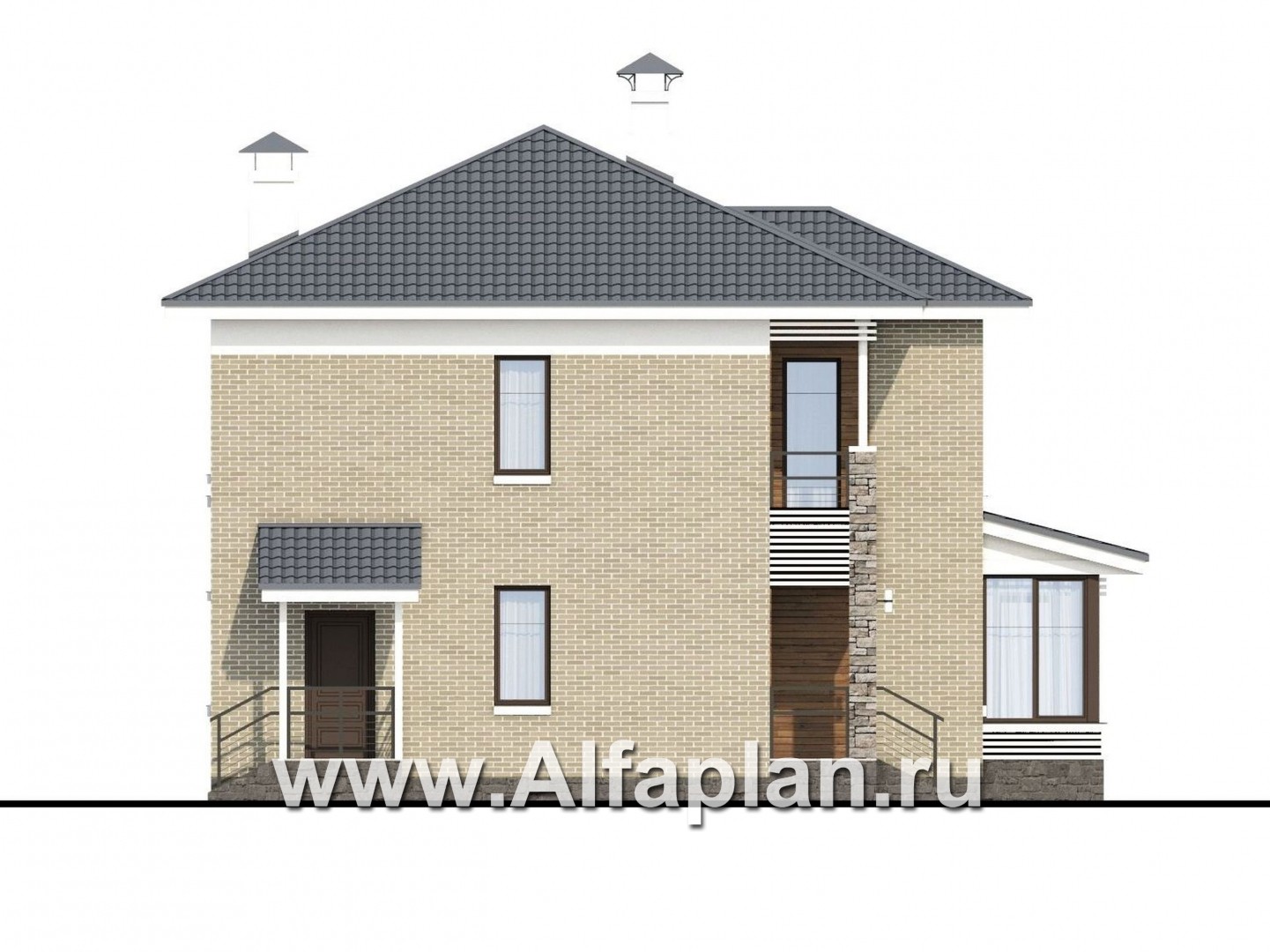 Проекты домов Альфаплан - «Летний вечер» - современный двухэтажный коттедж с верандой - изображение фасада №3