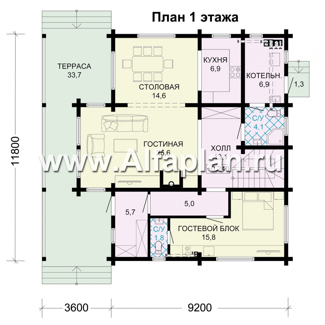 Проекты домов Альфаплан - Деревянный дом с гостевым блоком - план проекта №1