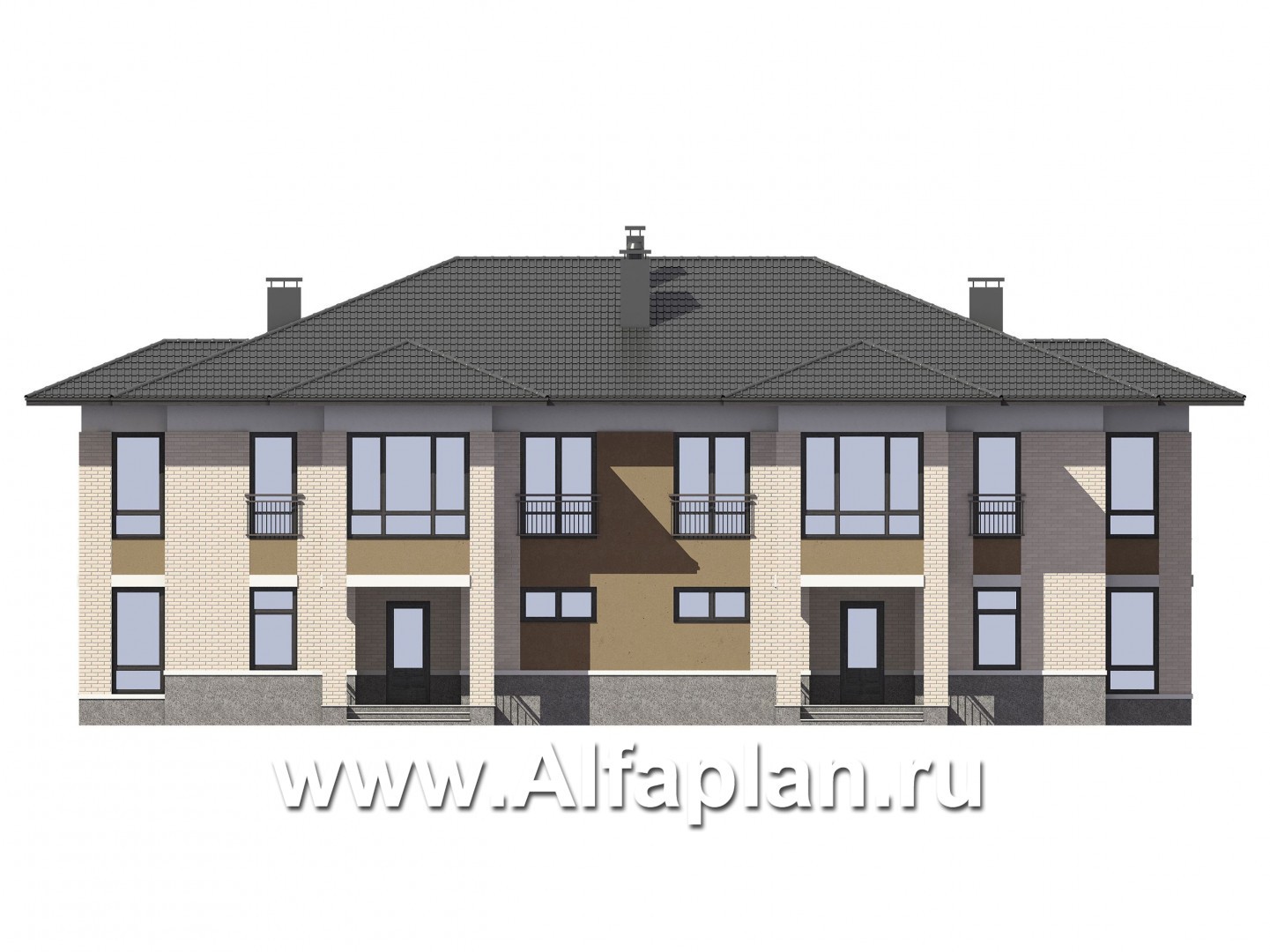 Проекты домов Альфаплан - Дом на две семьи с большими террасами-барбекю - изображение фасада №1