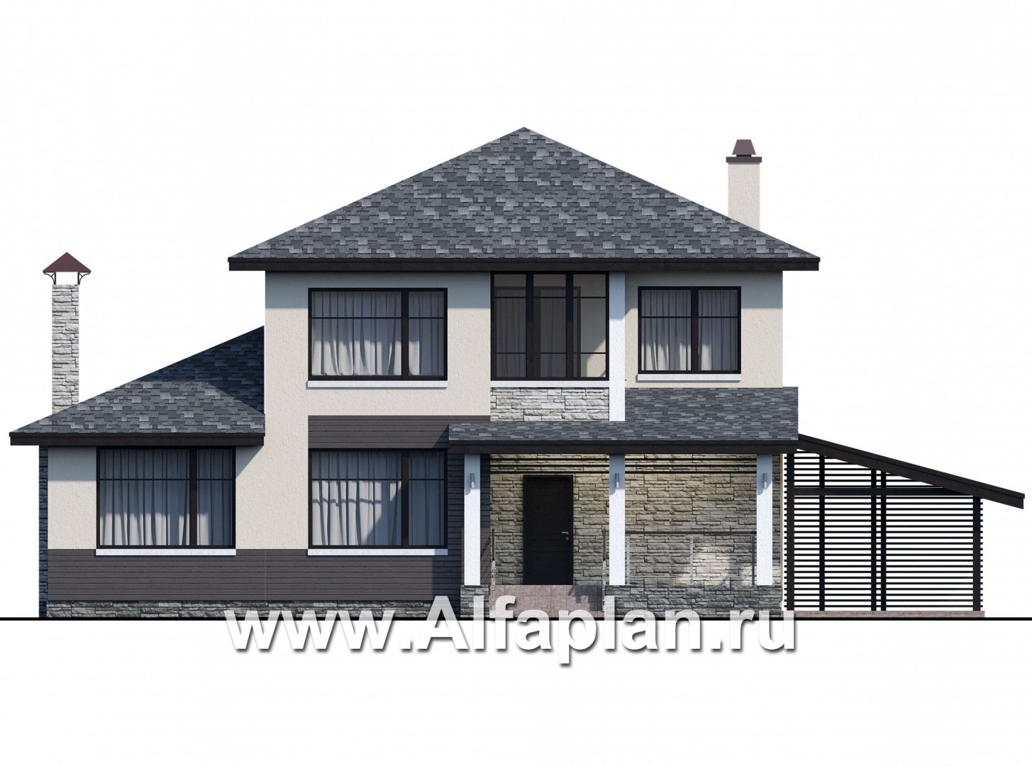 Проекты домов Альфаплан - "Одер" - проект двухэтажного дома из газобетона,с террасой и с навесом на 1 авто, в современном стиле - изображение фасада №1