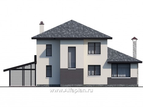 Проекты домов Альфаплан - "Одер" - проект двухэтажного дома из газобетона,с террасой и с навесом на 1 авто, в современном стиле - превью фасада №4
