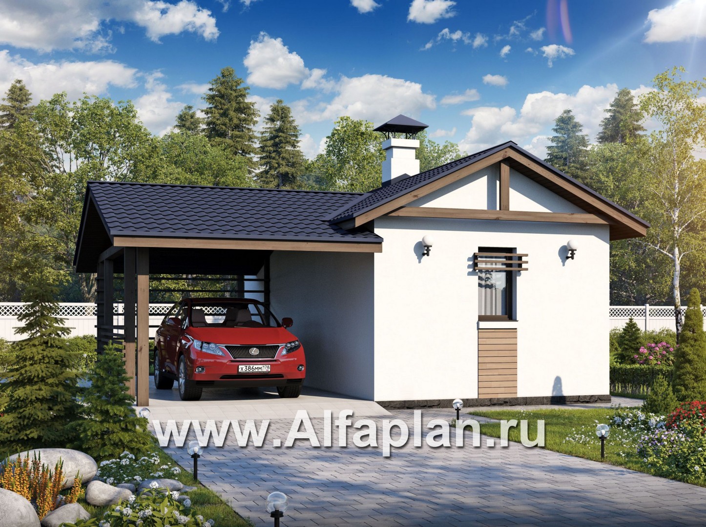 Проекты домов Альфаплан - Блок SPA с навесом для машины для небольшой усадьбы - основное изображение