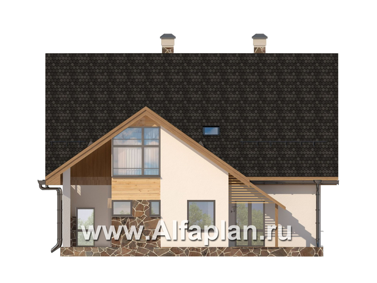 Современный проект дома с мансардой, планировка со вторым светом гостиной и с террасой, 2 спальни на 1 эт - фасад дома