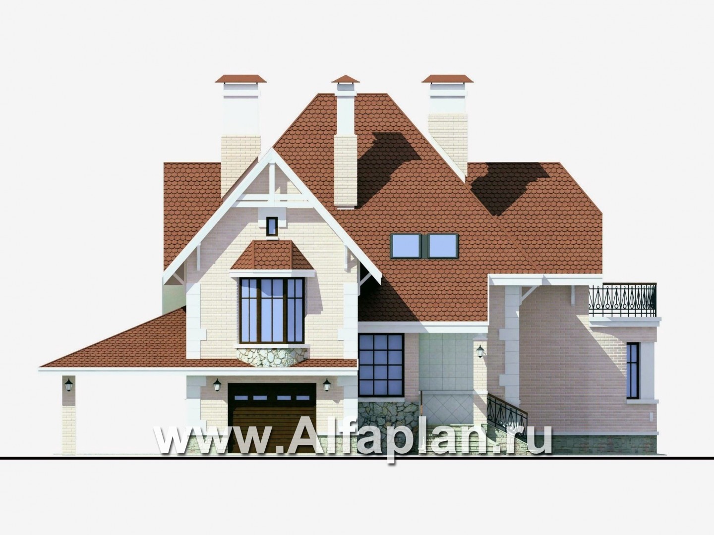 Проекты домов Альфаплан - «Ветер перемен» - проект дома с мансардой, с террасой и гаражом-навесом - изображение фасада №1