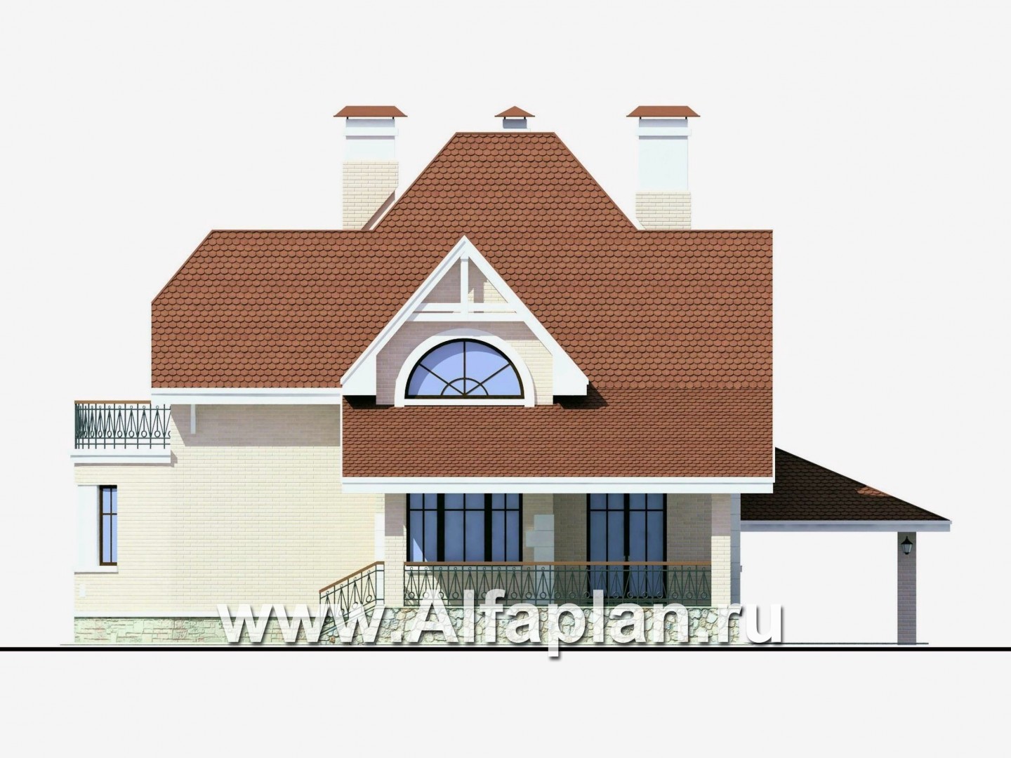 Проекты домов Альфаплан - «Ветер перемен» - проект дома с мансардой, с террасой и гаражом-навесом - изображение фасада №2