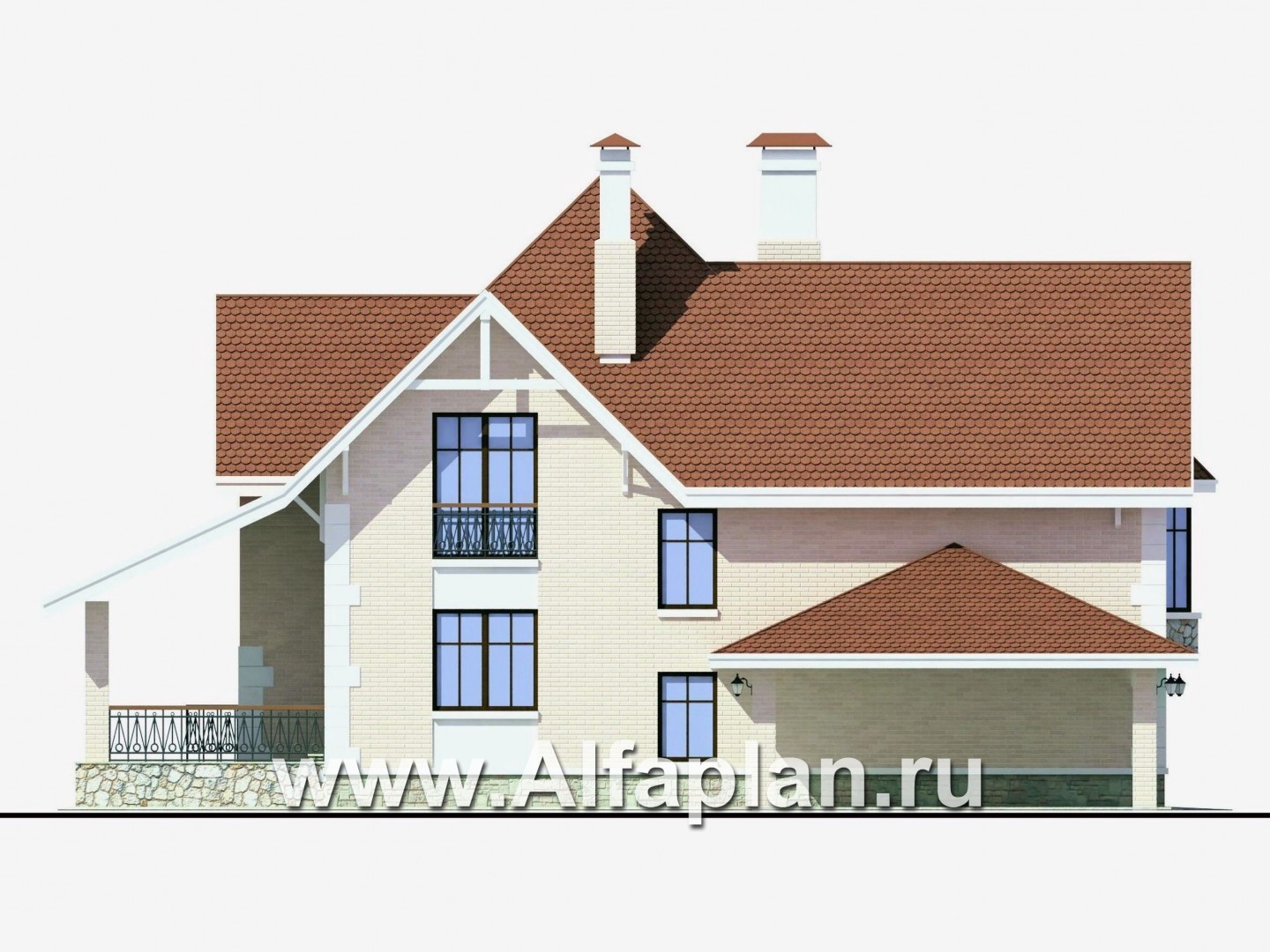 Проекты домов Альфаплан - «Ветер перемен» - проект дома с мансардой, с террасой и гаражом-навесом - изображение фасада №4