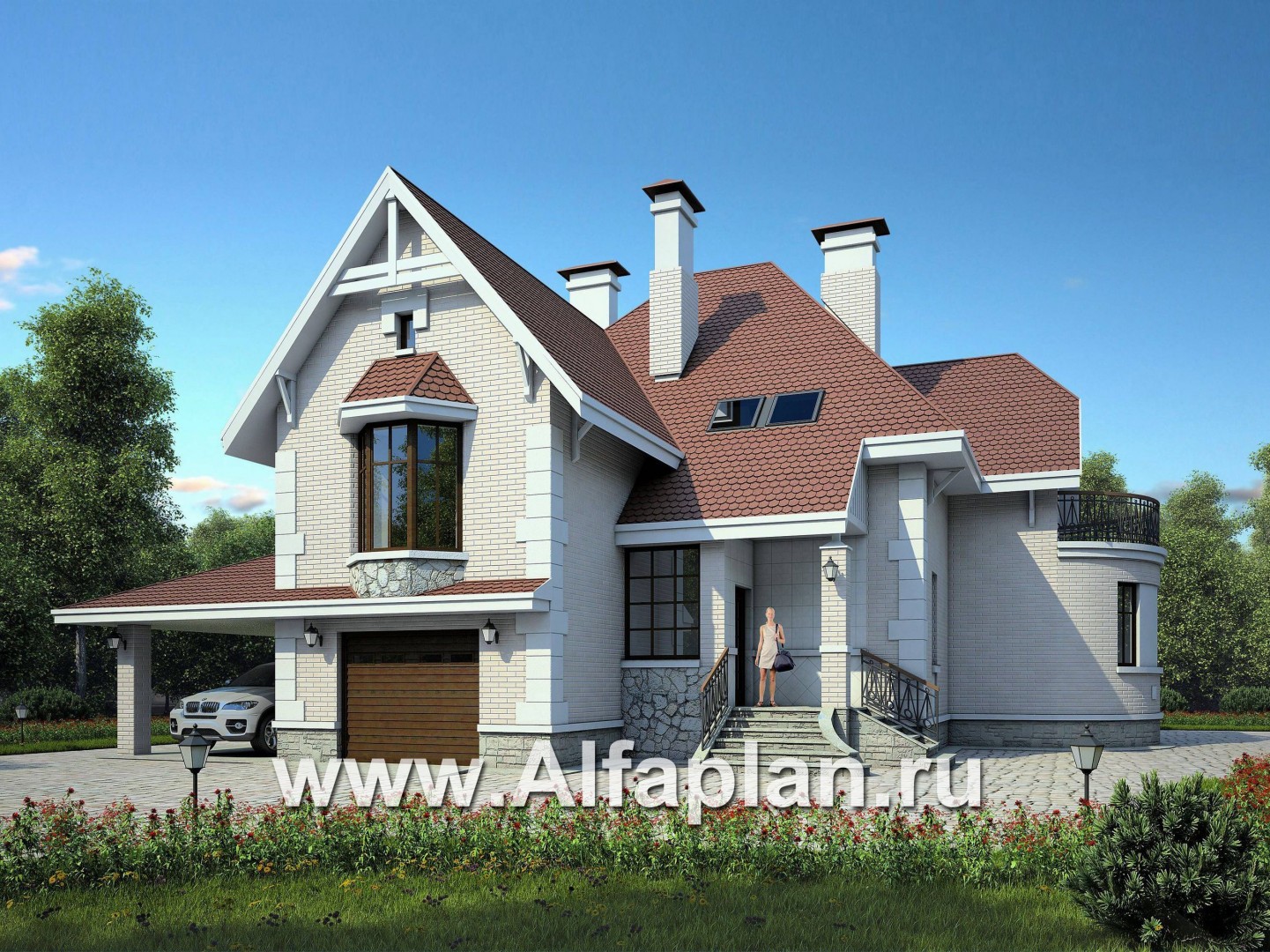 Проекты домов Альфаплан - «Ветер перемен» - проект дома с мансардой, с террасой и гаражом-навесом - основное изображение