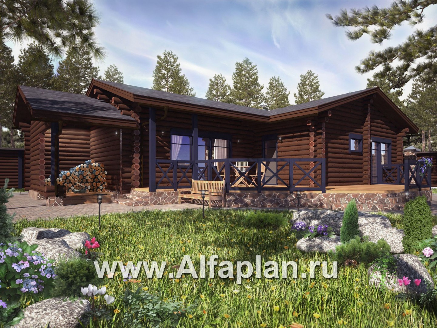 Проекты домов Альфаплан - Бревенчатый дом для отдыха с большой террасой - основное изображение