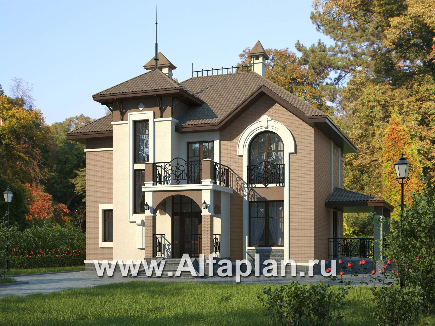 Проекты домов Альфаплан - «Разумовский» - красивый коттедж с элементами стиля модерн - основное изображение