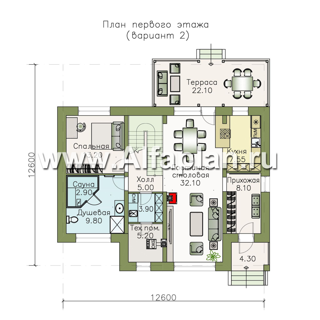 Проекты домов Альфаплан - «Кассиопея» - проект дома с мансардой, с террасой, в современном стиле, 4 или 5 спален, сауна - план проекта №2