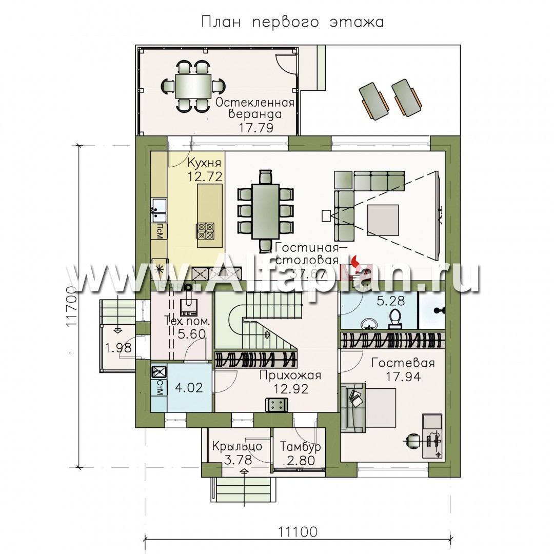 Проекты домов Альфаплан - «Седьмая высота» - комфортабельный дом с большой гостиной - план проекта №1