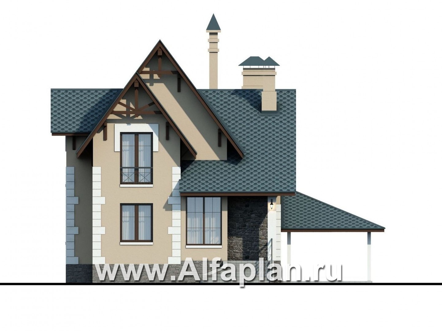 Проекты домов Альфаплан - «Менестрель» - проект дома из блоков, с навесом на 1 авто, для узкого участка - изображение фасада №1