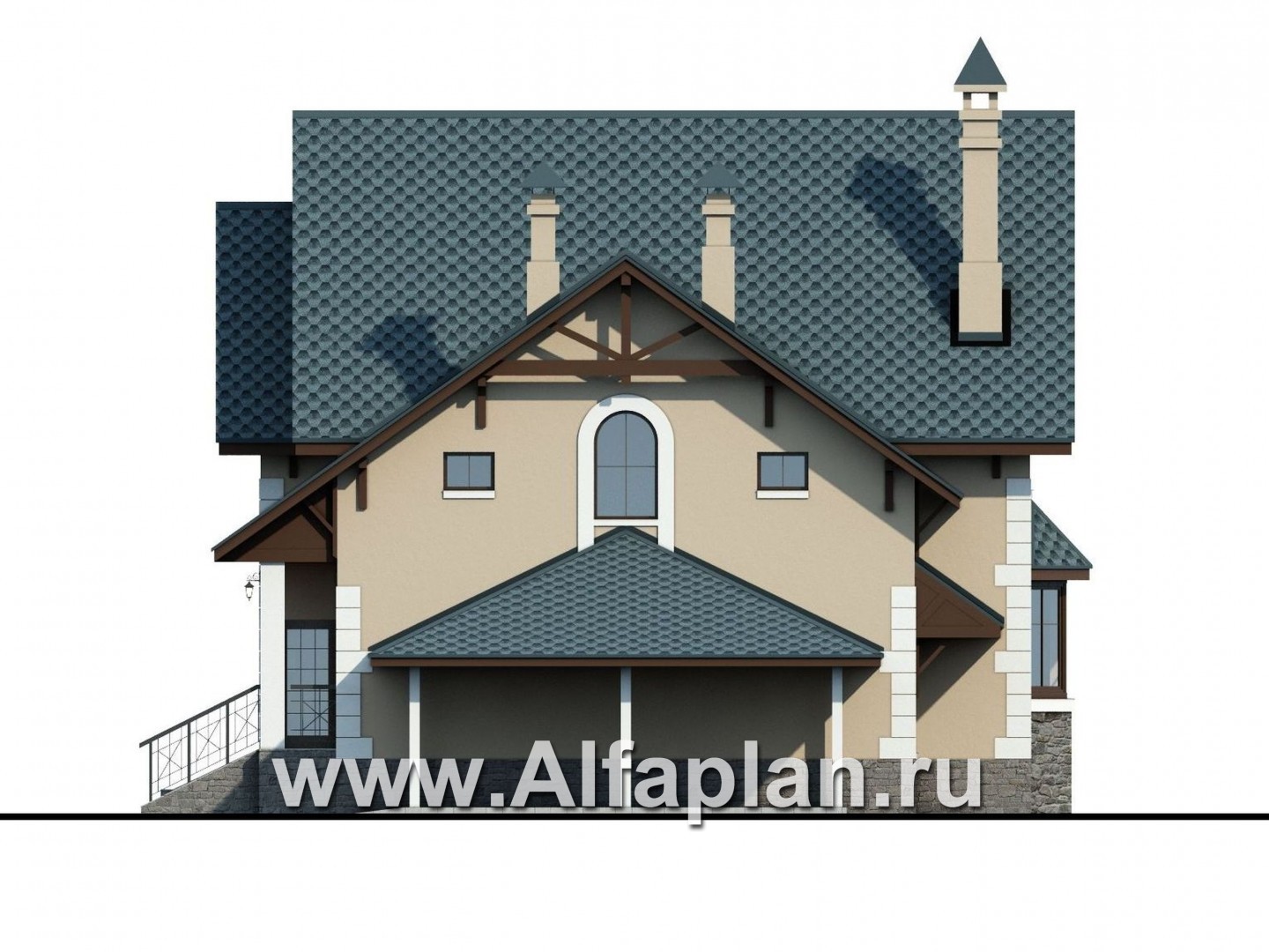 Проекты домов Альфаплан - «Менестрель» - проект дома из блоков, с навесом на 1 авто, для узкого участка - изображение фасада №2