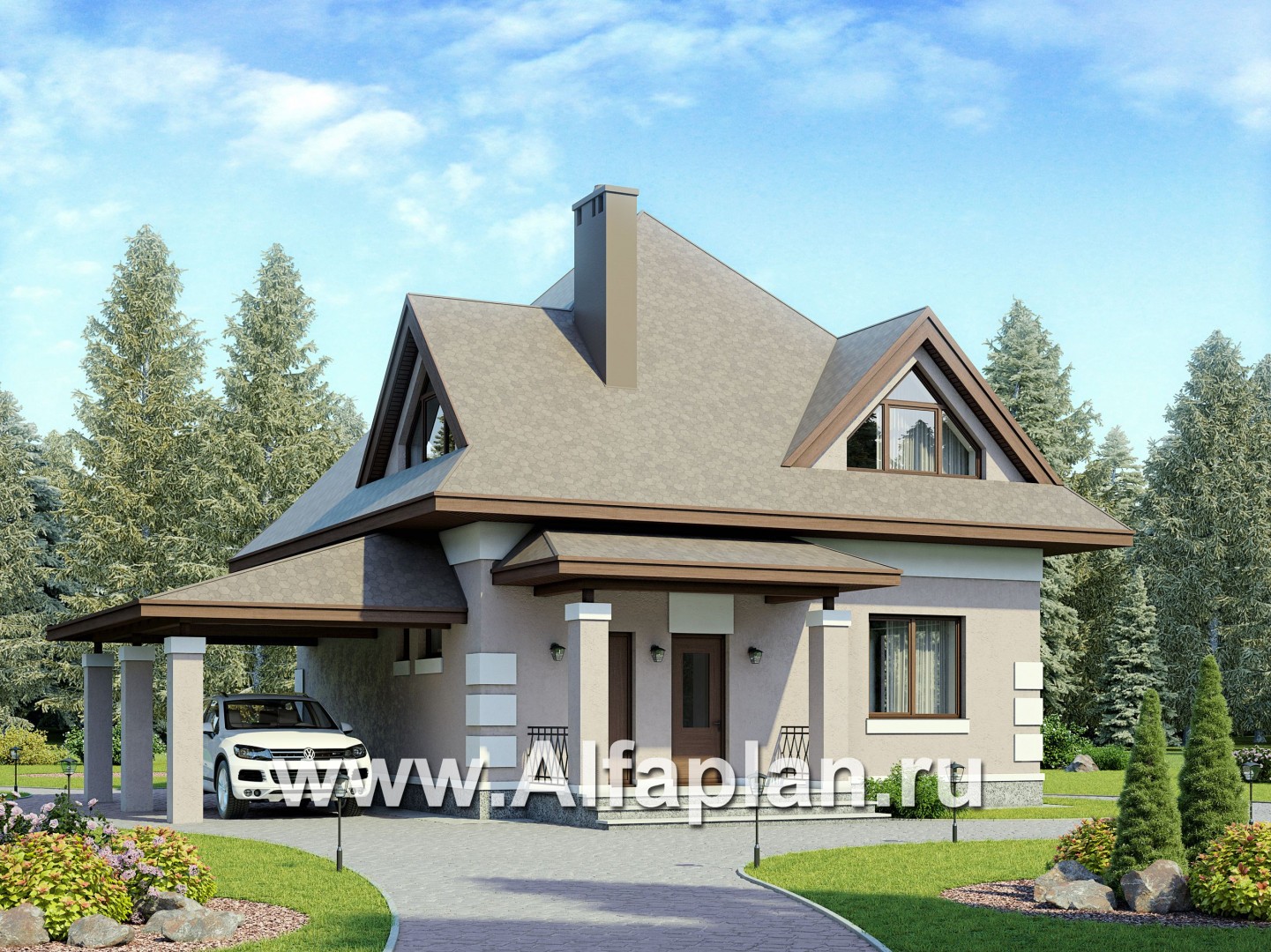 Проекты домов Альфаплан - Экономичный дом с навесом для машины - основное изображение