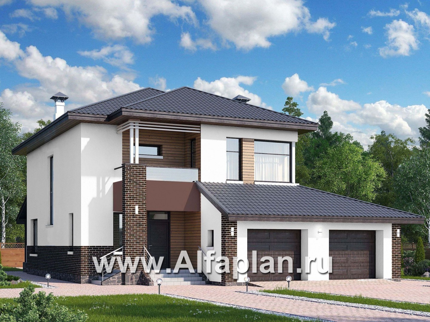 Проекты домов Альфаплан - «Ирида» - стильный современный дом с гаражом на два автомобиля - основное изображение