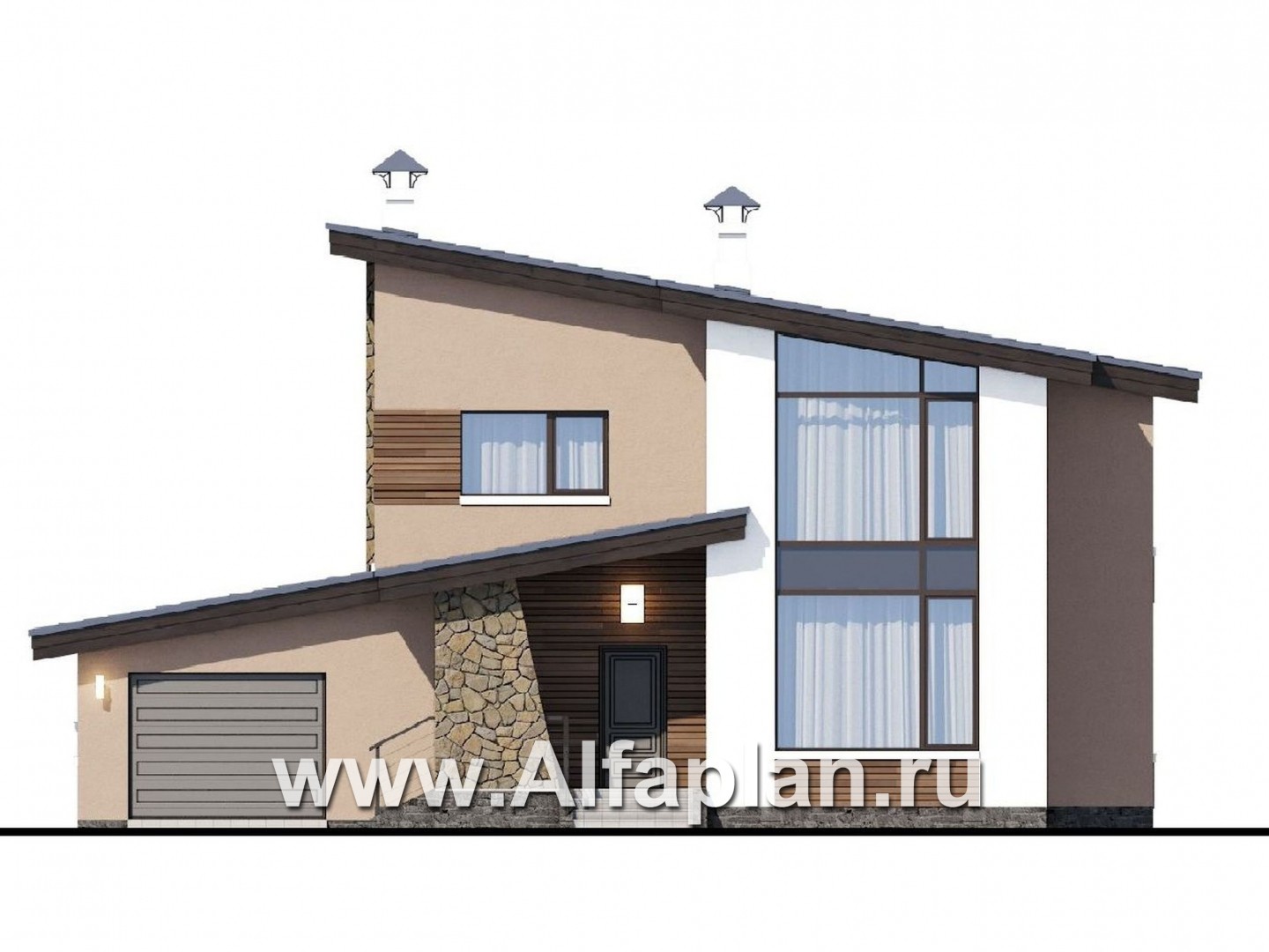 Проекты домов Альфаплан - «Борей» - стильный коттедж с односкатной крышей - изображение фасада №1