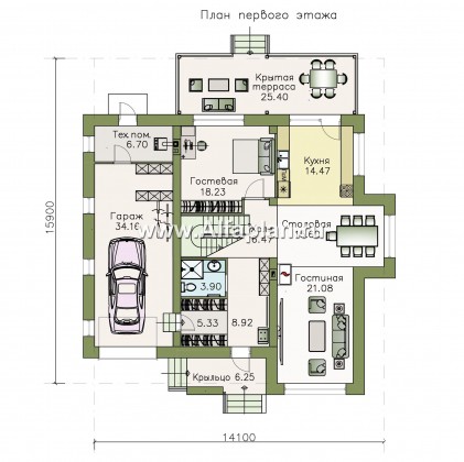 Проекты домов Альфаплан - «Борей» - стильный коттедж с односкатной крышей - превью плана проекта №1