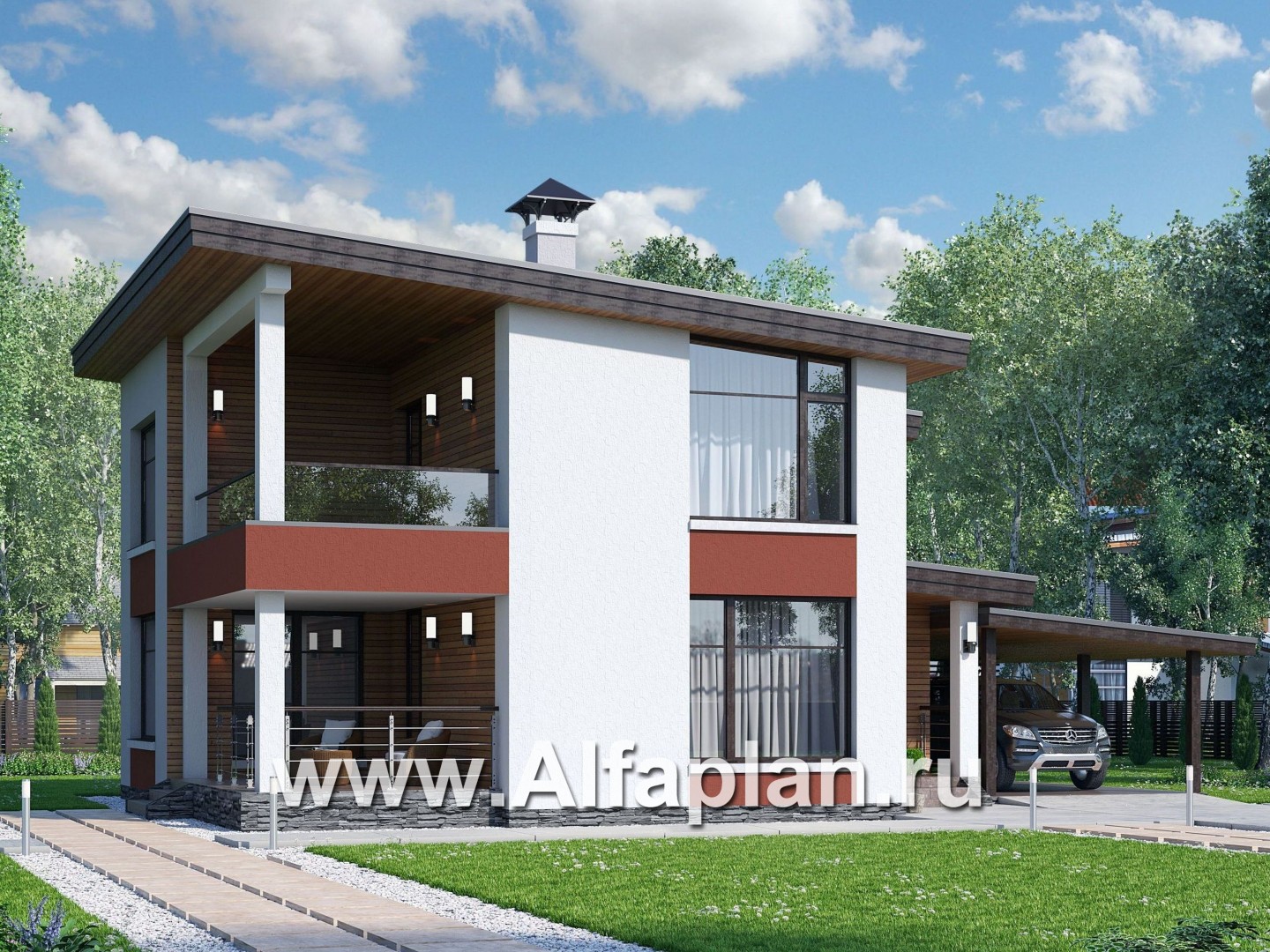 Проекты домов Альфаплан - Двухэтажный коттедж с односкатной кровлей - основное изображение