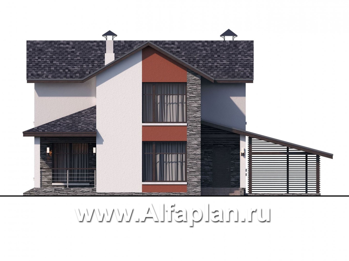 Проекты домов Альфаплан - Стильный компактный дом с гаражом-навесом - изображение фасада №1